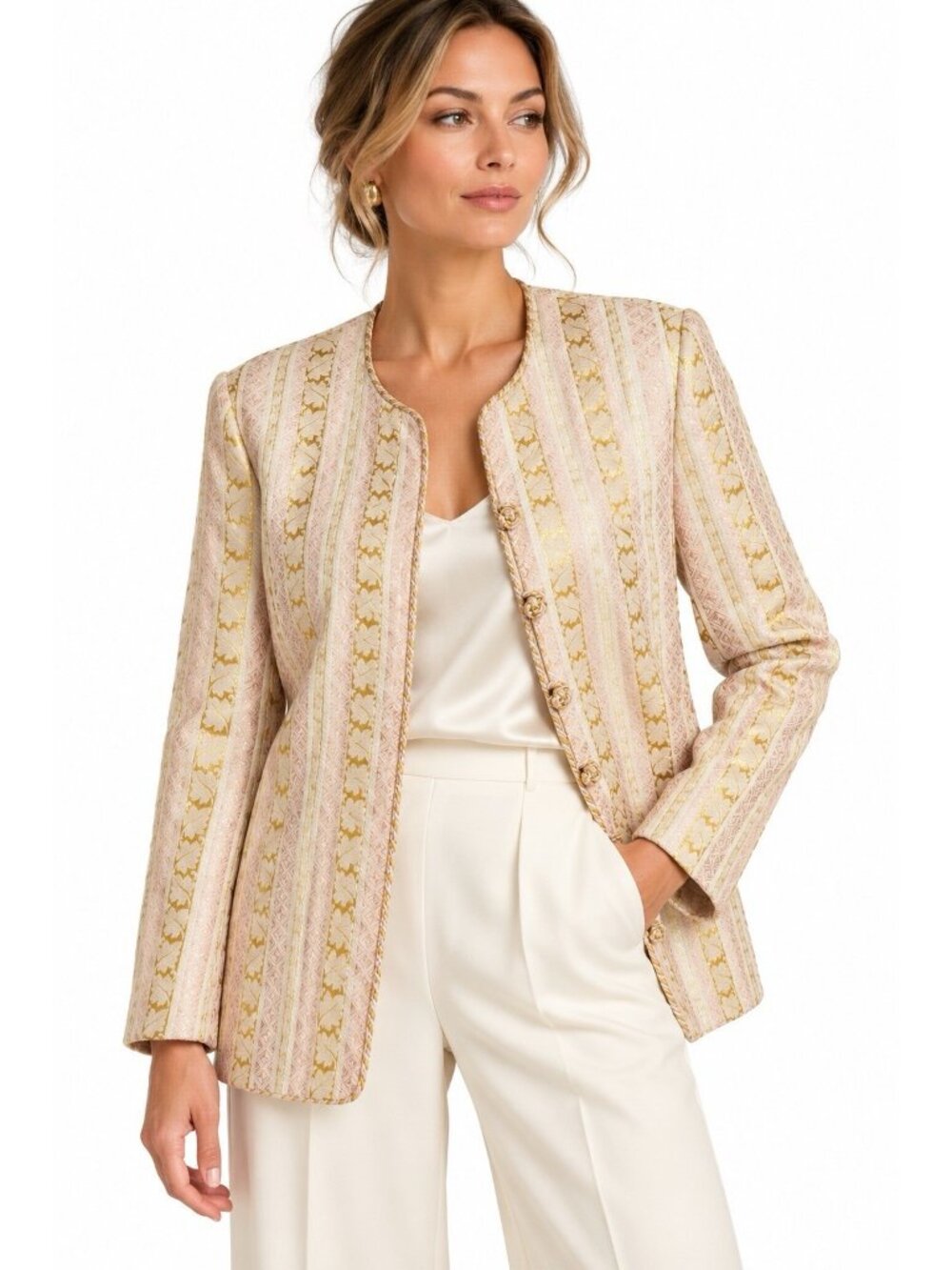 vintage 80s MARY MCFADDEN brocade jacket MEDIUM gold metallic neiman marcus